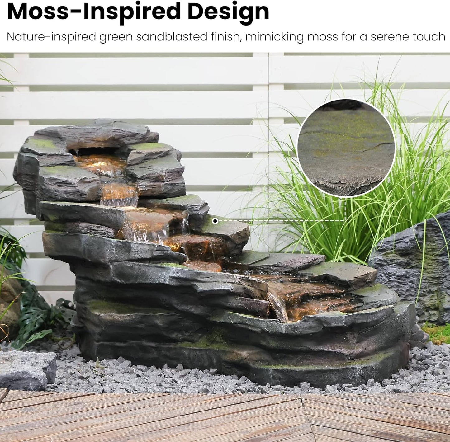 49" L Water Fountain Outdoor 5-Tiers Rock Natural Waterfall Fountains Floor Standing Water Features with LED Lights for Garden, Patio, Porch, Home Art Decor