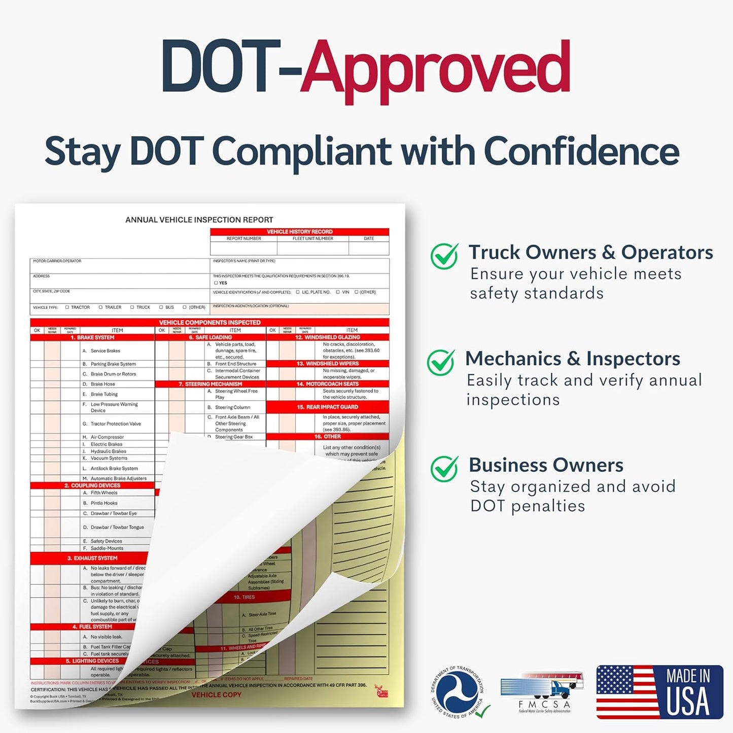50 Pack 3-Ply Carbonless Annual Vehicle Inspection Report Forms with FMCSA Red Aluminum Adhesive Labels, DOT Inspection Forms and Stickers, Shrink-Wrapped, 8.5" x 11.75" - Made in USA