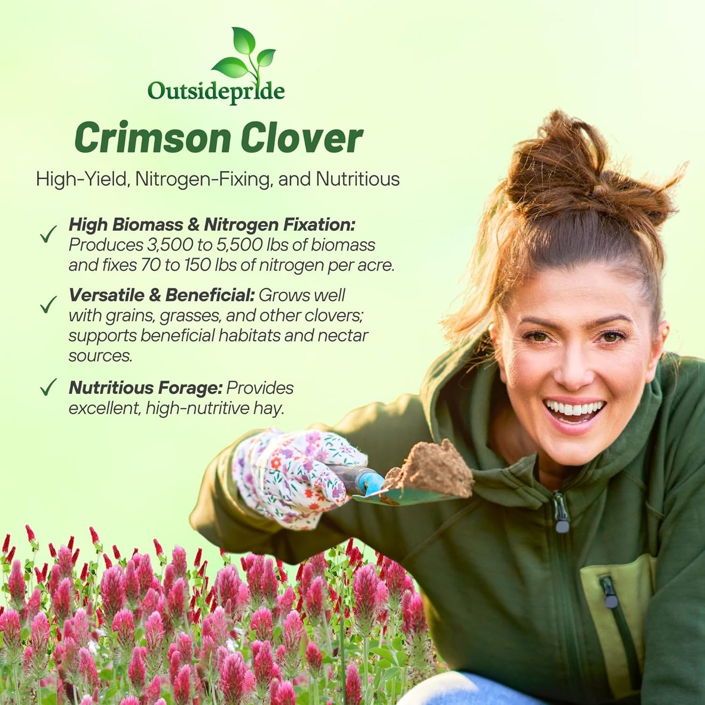 Outsidepride Crimson Clover Seeds - 1/4 lbs. Annual, Nitrocoated, & Inoculated Ground Cover Seeds, Ideal Clover Seed for Lawn, Cover Crop, Pasture, Hay, Green Manure & Wildlife Forage