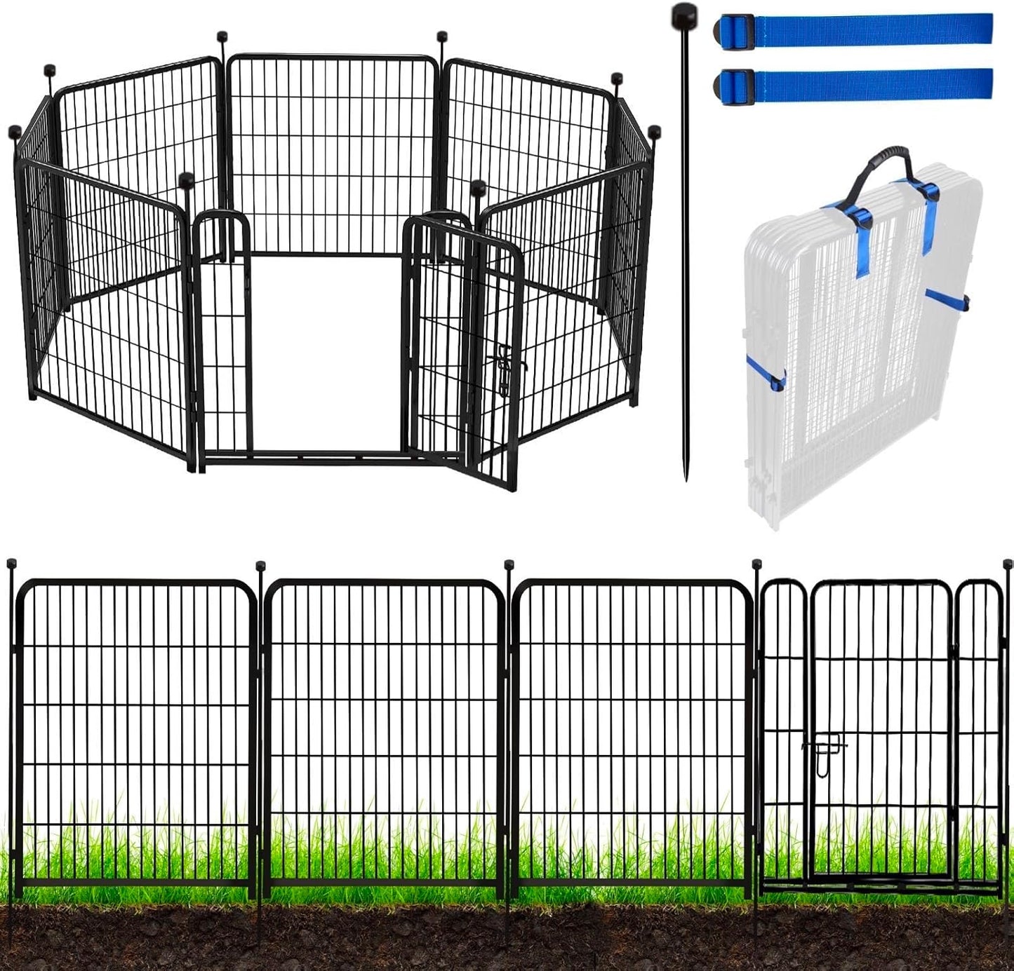 ADAVIN Tall Garden Fence, 48 in(H) 10 Panels Heavy Duty Iron Metal Animal Barrier Fence, Indoor or Outdoor Dog Playpen, Temporary Fence, No Dig Garden Border Fencing for Yard, Total 22.1 FT(L),Black