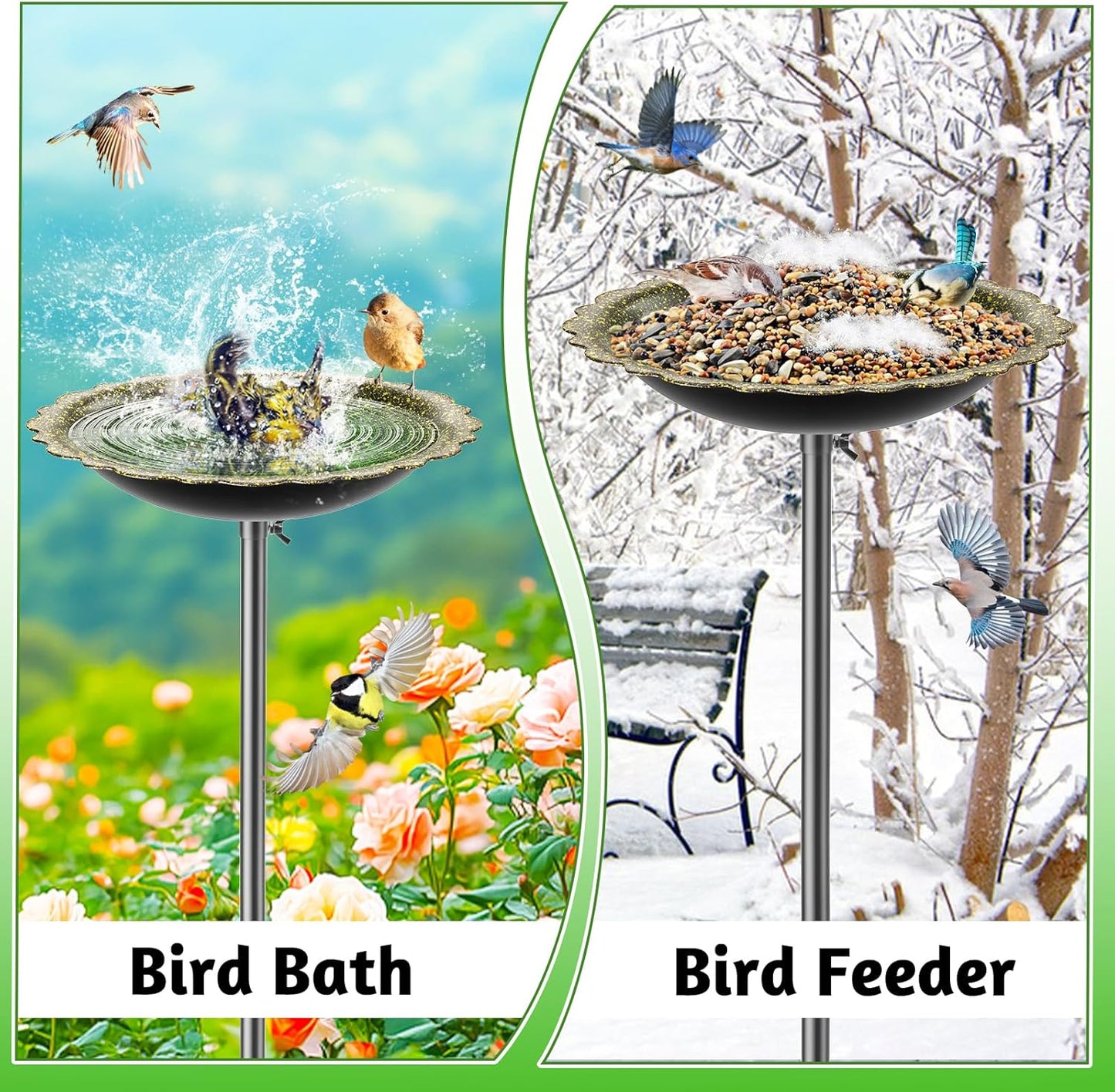 MeyRoliz Metal Bird Bath for Outside, Detachable Bird Feeders Bath Bowl with 5 Prong Base Stand, Freestanding Birdbath Birdfeeder for Garden Yard Lawn Decor (Dark-Green)