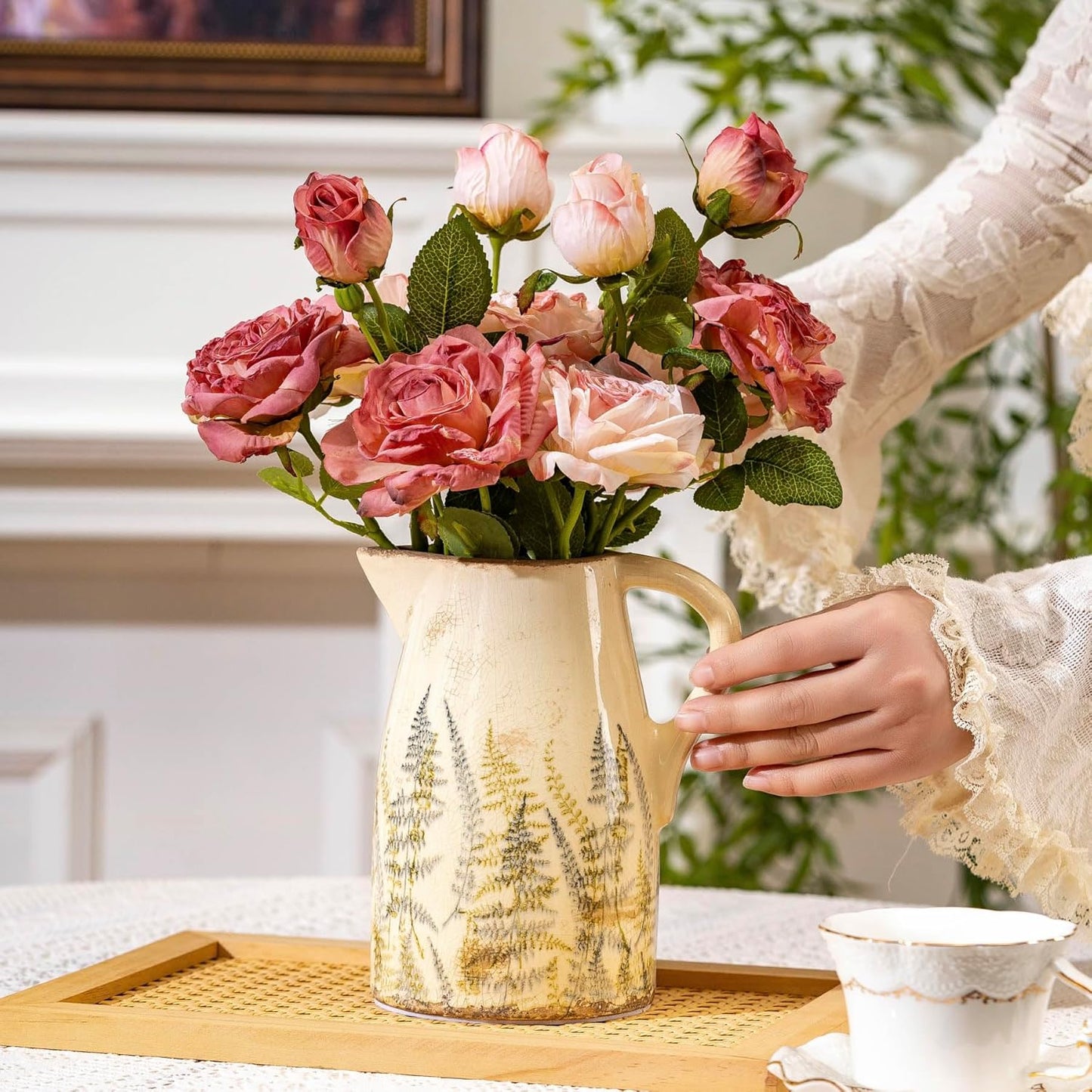 Vintage Ceramic Pitcher Vase with Handle, Farmhouse Green and Purple Large Floral Vases, French Country Decorative Vase, Rustic Table Centerpiece for Home Decor, Bookshelf, Office 7.3 Inch