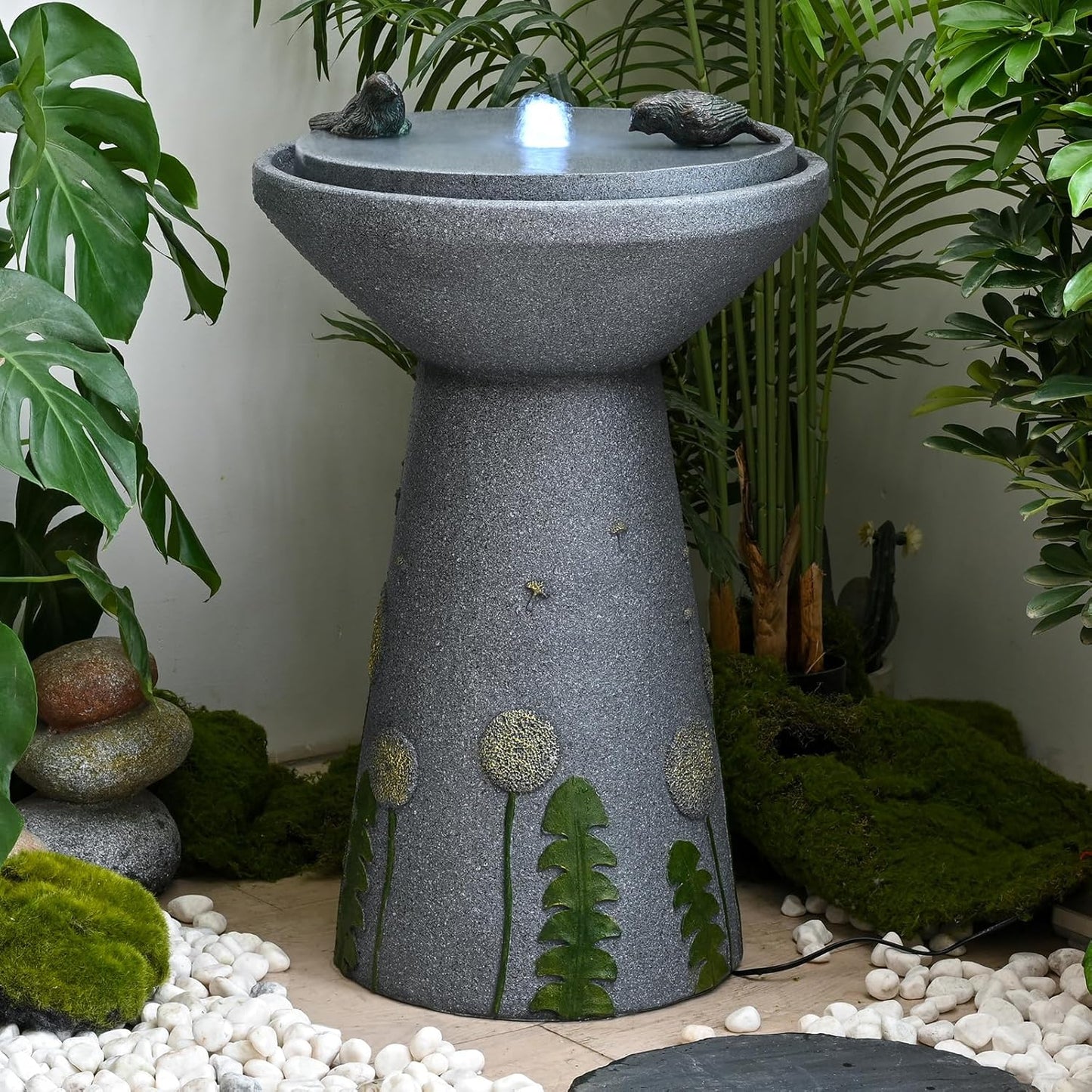 30.7" Outdoor Garden Floor-Standing Water Fountain with LED Light and Pump, Two Birds Embossed Pattern Pedestal Ceramic Watefall for Patio, Backyard, Deck, Porch and Home Art Decor (30.7" Two Birds)