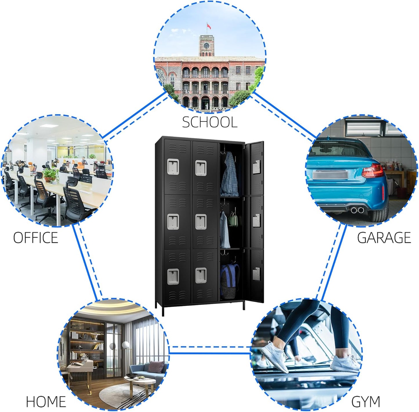 9 Doors Metal Lockers for Employees with Lock, Metal Locker with 18 Hooks for School Garage Office Gym Home,Assembly Required,Black