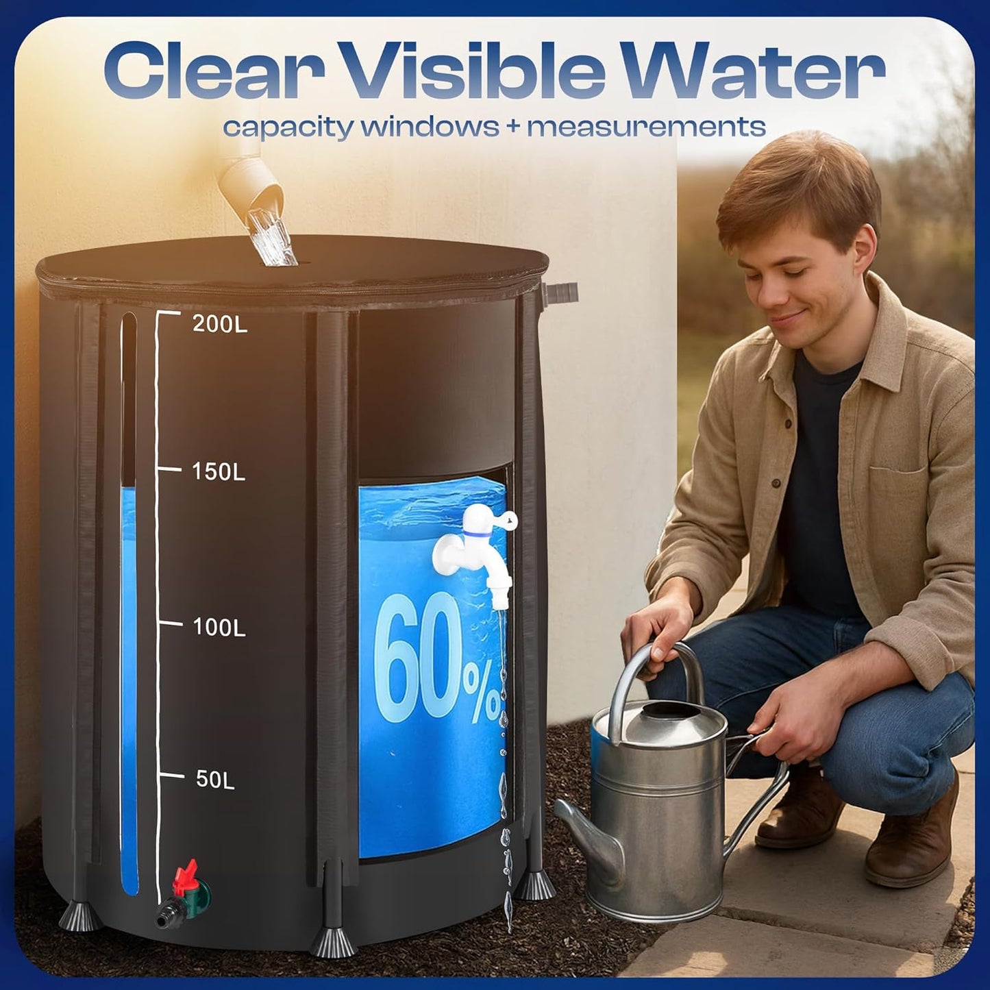 Collapsible Rain Barrel, Portable Rain Water Collection System Kit, 53 Gallon – Foldable Water Tank & Storage Reservoir with Spigot for Garden, Lawn, & Emergency Use