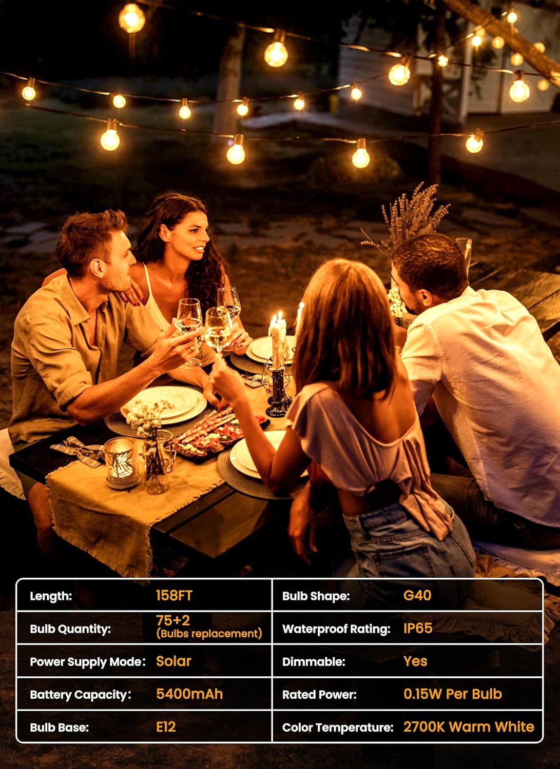 Brightown 158FT Solar String Lights Outdoor with Remote and 77 LED Shatterproof Bulbs, Dimmable & Timable, 3 Light Modes, Solar Patio String Lights Outdoor for Cafe, Garden, Deck, Outside Wedding