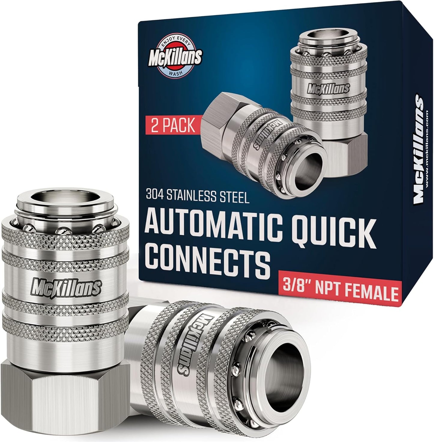 McKillans® Automatic 3/8" NPT Female Quick Connect Fittings - Stainless Steel - 3/8" Pressure Washer Quick Connect Kit - Power Washer NPT 3/8" Quick Connect Fittings - PUSH-TO-CONNECT