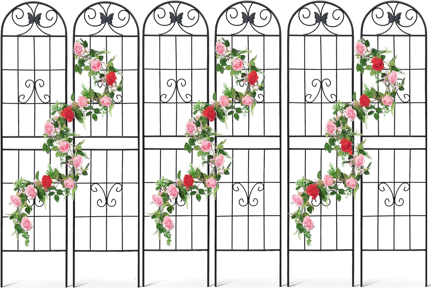 6 Pack Metal Garden Trellis 87" Tall for Climbing Plants Garden Fence Rustproof Outdoor Trellis Support Roses Flower Lawn, Black 7.2FT