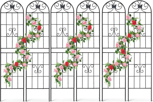 6 Pack Metal Garden Trellis 87" Tall for Climbing Plants Garden Fence Rustproof Outdoor Trellis Support Roses Flower Lawn, Black 7.2FT