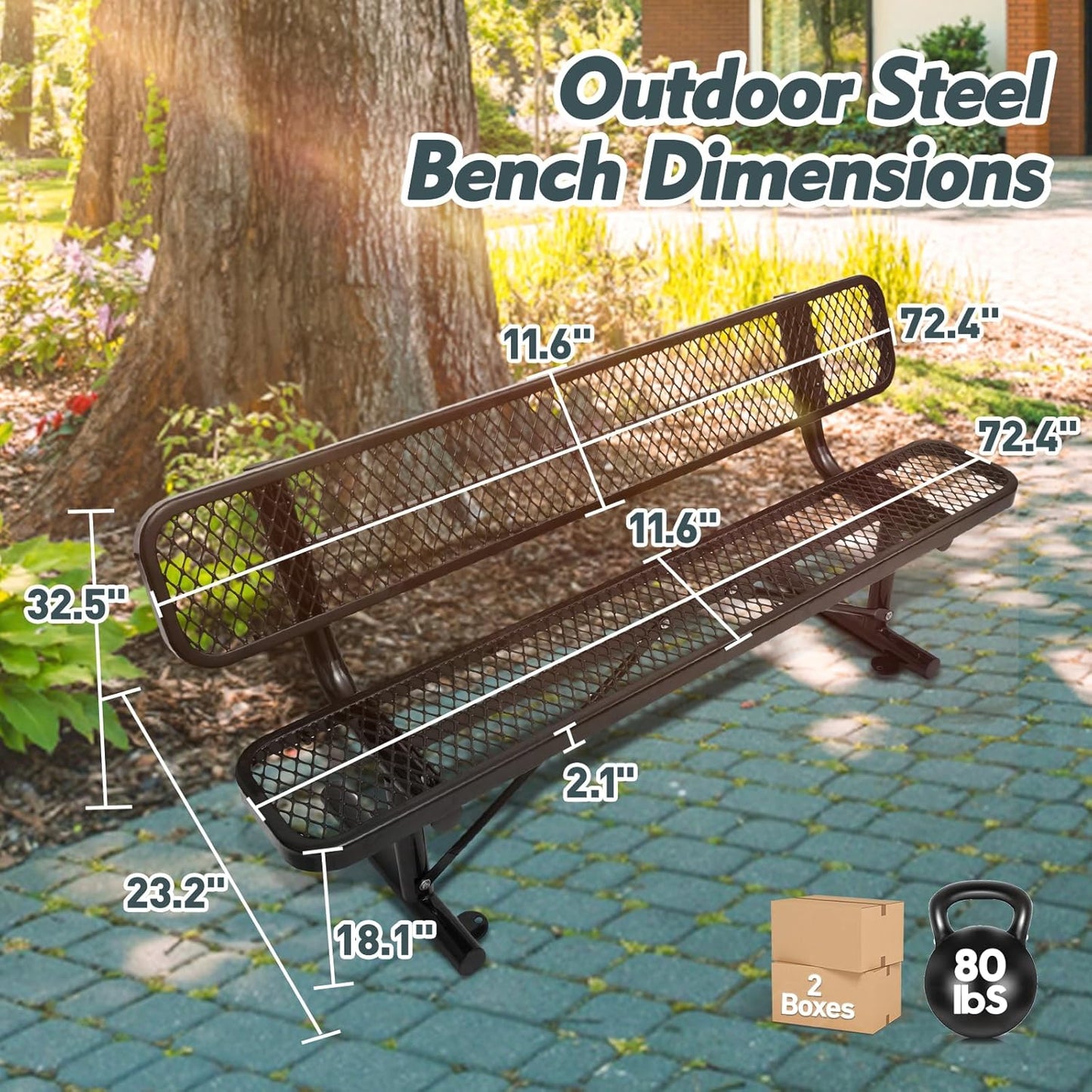 6Ft Heavy Duty Park Bench with Back Portable Frame, Outdoor Steel Bench with Backrest, Expanded Metal Mesh Bench for Lawn, Park, Deck, Garden, Patio, Porch, Black