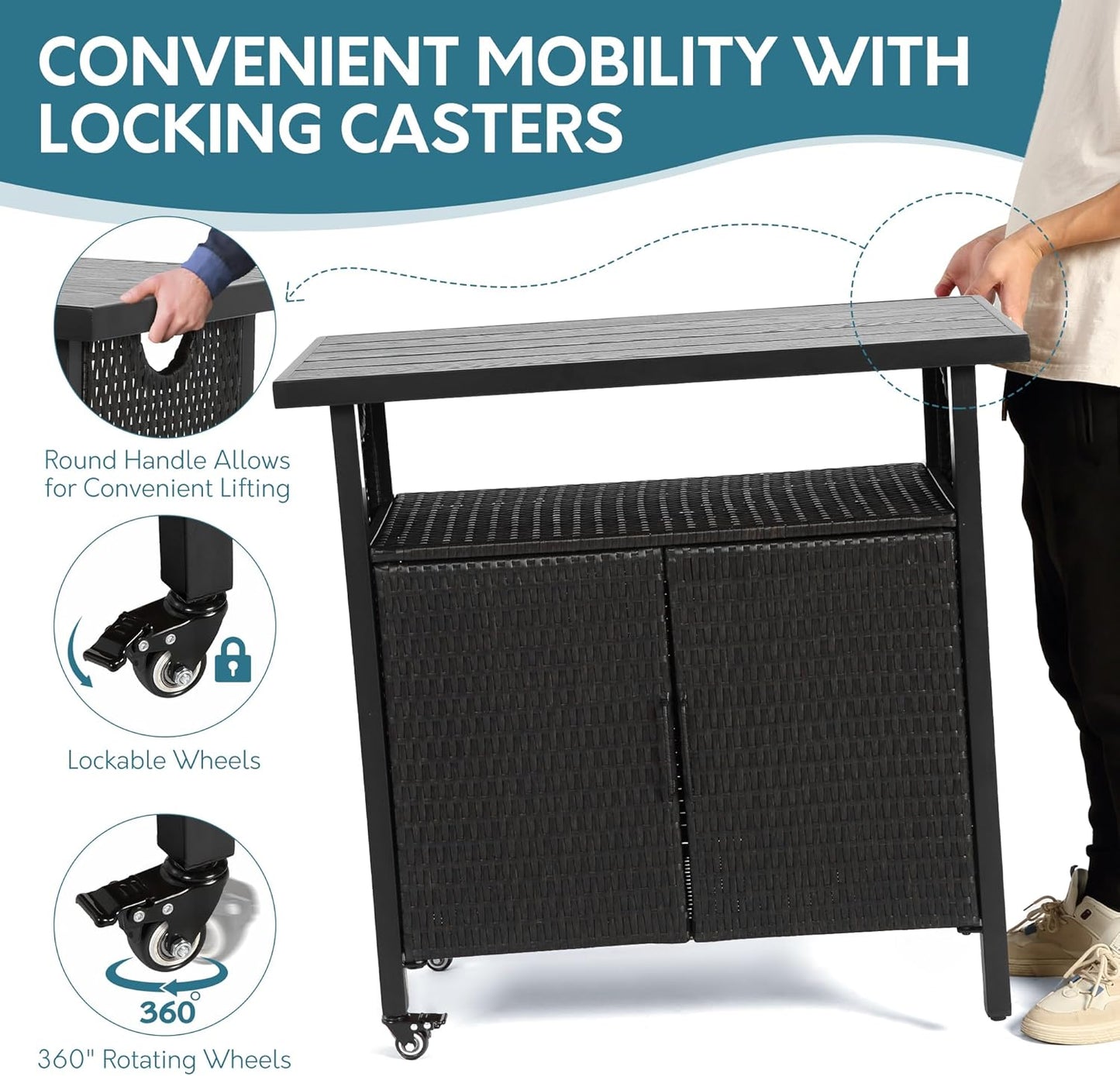 Outdoor Indoor Storage Cabinet with Rolling Wheels, Patio Serving Cart with Bar Table and Wicker Cabinet, Kitchen Island Prep Table, Black