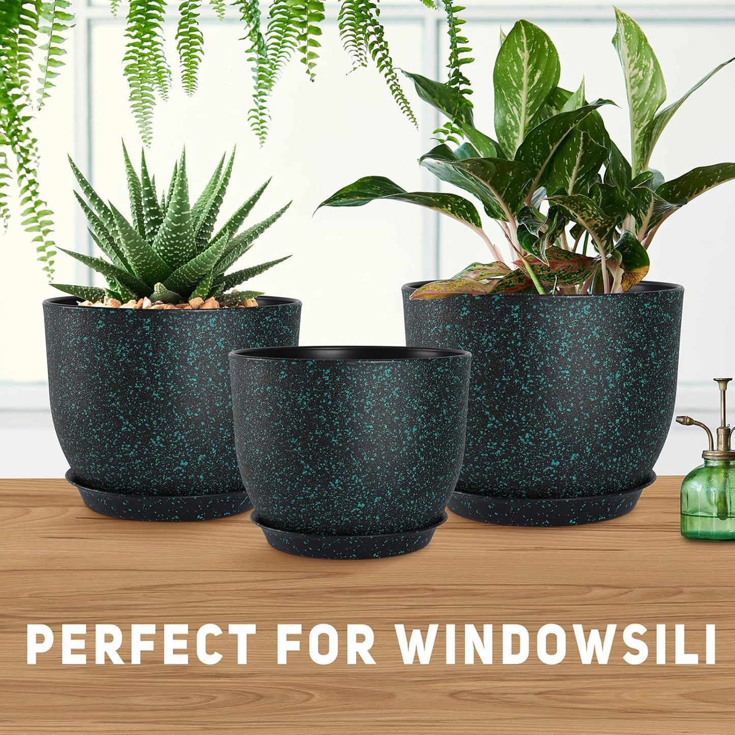 Plant Pots 10/9/8/7.5/7 inch Set of 5,Flower Pots with Multi Mesh Drainage Holes, Large Planters for Indoor Outdoor Garden Plants and Flowers. (Green Speckles)