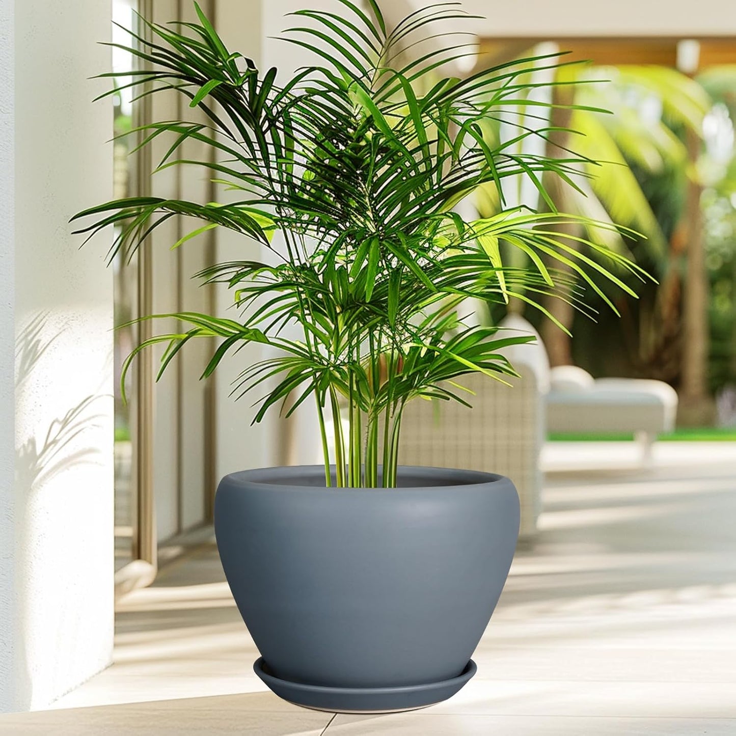 10 Inch Plant Pot - Ceramic Planter for Indoor Plants Large Plant Pot with Drainage Hole and Saucer Round Outdoor Planter Modern Flower Pot for Home Decor Gray