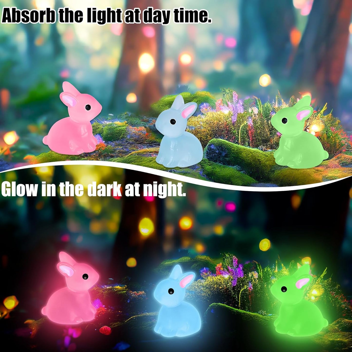 50 PCS Luminous Mini Resin Bunny Tiny Plastic Rabbits Glow in the Dark Miniature Bunnies Figurines for Easter Egg Fillers Fairy Garden Miniature Moss Landscape Decoration (7 Colors Tiny Bunny)