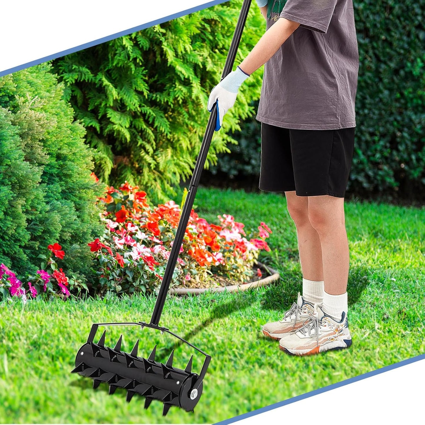 Lasnten Lawn Aerator Tool 16" Manual Rolling Yard Aerator Grass Roller Heavy Duty with 59" Stainless Steel Handle, Gloves, Spike Garden Rotary Push for Backyard Yard