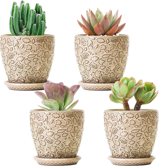 4 Inch Mini Plant Pots, Ceramic Succulent Planter with Drainage Hole and Saucers for Indoor Plants, Small Garden Pots for Succulent, Herb and Flower, Set of 4