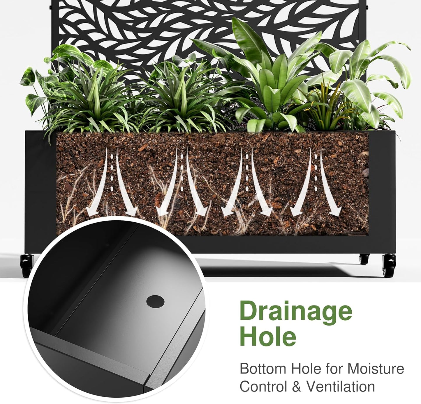 Casaphoria Metal Raised Garden Bed with Trellis and Wheels, 47"x47"x16" Planter Box for Climbing Plants, Vegetables & Vines, Features Drainage Holes and Privacy Screen (Black-Spring)