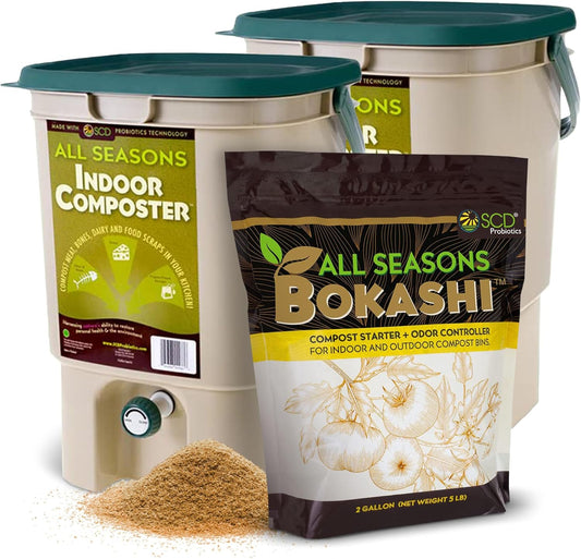 All Seasons Indoor Composter Starter Kit - Two Family-Sized Composting Bins for Kitchen Countertop and Bokashi Bran Starter 5 lb (2 gallons), Easily Compost Food After Every Meal, Odor Free
