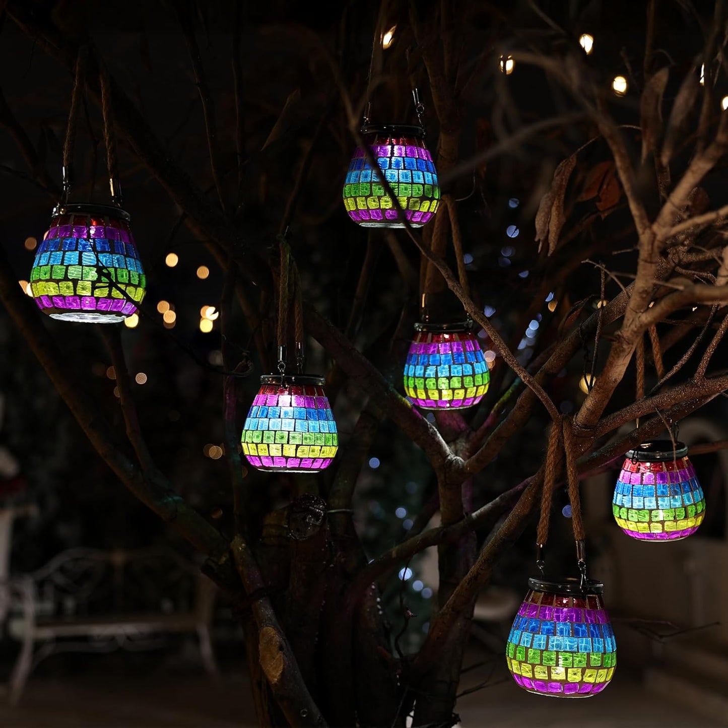 Cooo 4 Pack Mosaic Solar Lantern Outdoor Waterproof IP68 Hanging Projection Light Hidden Lid Pear-Shaped Lantern with Rope Handle Solar Powered Auto On for Patio Garden Fence Table - Neon Mosaic