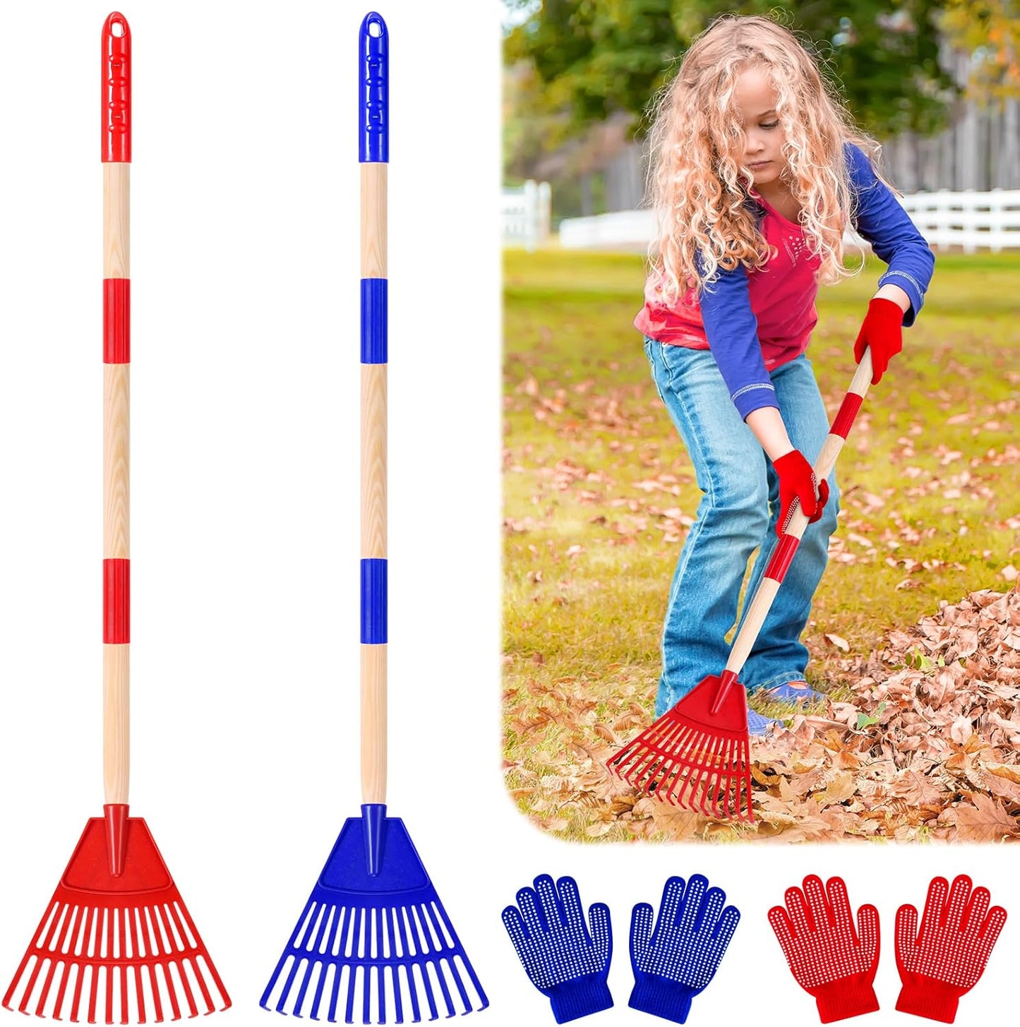 2 Pcs 35'' Kids Rakes for Leaves - Plastic Rake Head with 2 Pairs Kids Gloves, Small Kids Lawn Rakes Detachable Wooden Handle, Autumn Garden Tool Set for Kids Boys and Girls, Red & Blue, 3yr+
