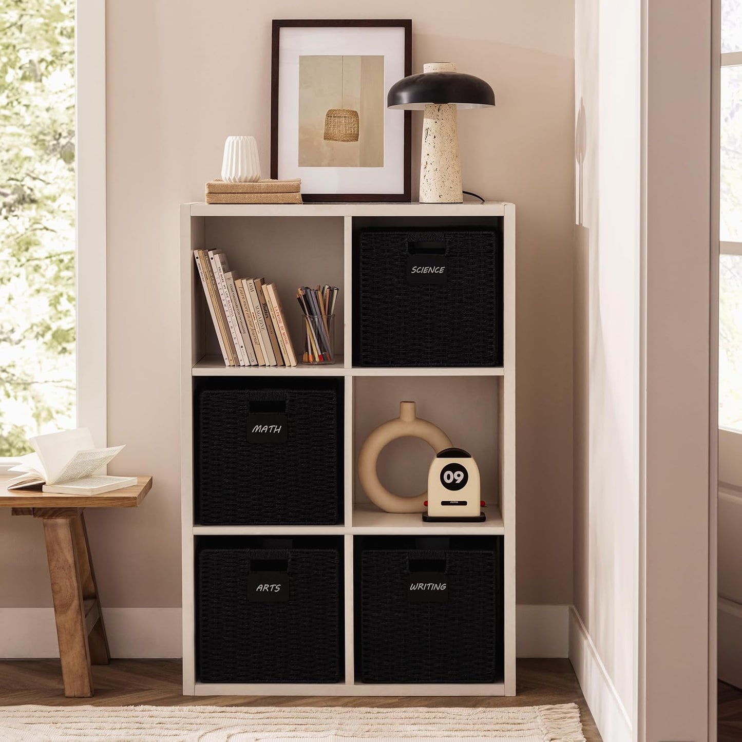 UBBCARE 4 Pack Wicker Basket, 13×13 Storage Cubes with Label, Foldable Cube Storage Bin with Handle, Square Storage Basket for Shelves, Woven Paper Rope Basket for Organizing, Black