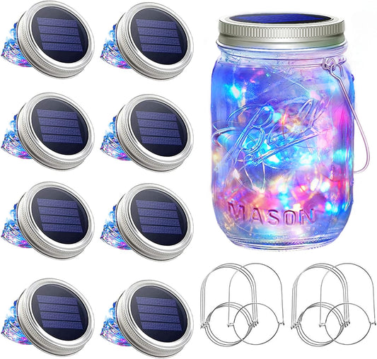 SunKite Solar Mason Jar Lights [Updated], 8 Pack 20 LED Waterproof Fairy Firefly Jar Lids String Lights with Hangers(NO Jars), Patio Yard Garden Wedding Decoration(Multi-Colored)