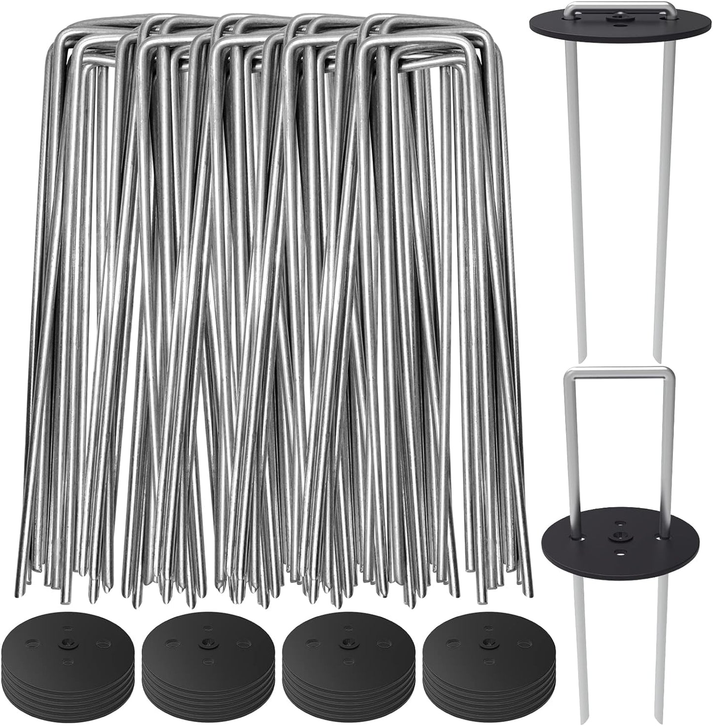 AAGUT 100 Pack Landscape Staples with Gasket Washer Caps, 6 Inch Vapor Barrier Stakes, Metal Garden Stakes Landscape Fabric Staples for Gardening Landscaping, Sod Fence Yard Lawn Ground Weed Mat Pins