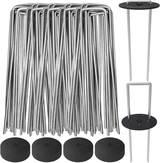 AAGUT 100 Pack Landscape Staples with Gasket Washer Caps, 6 Inch Vapor Barrier Stakes, Metal Garden Stakes Landscape Fabric Staples for Gardening Landscaping, Sod Fence Yard Lawn Ground Weed Mat Pins