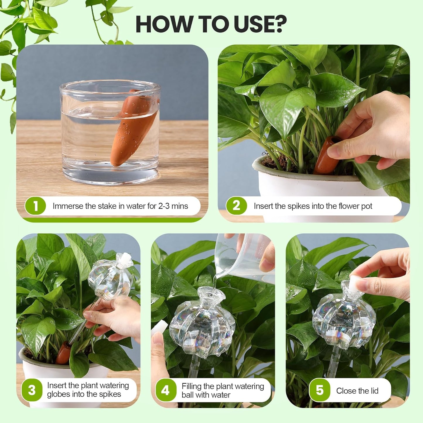 Meonum 4 Pcs Plant Watering Globes, Rainbow Glass Self Water Bulbs with Non Clogging Terracotta Spikes, Automatic Watering Globes for Indoor Outdoor Plants, Vacation Planting Water Devices