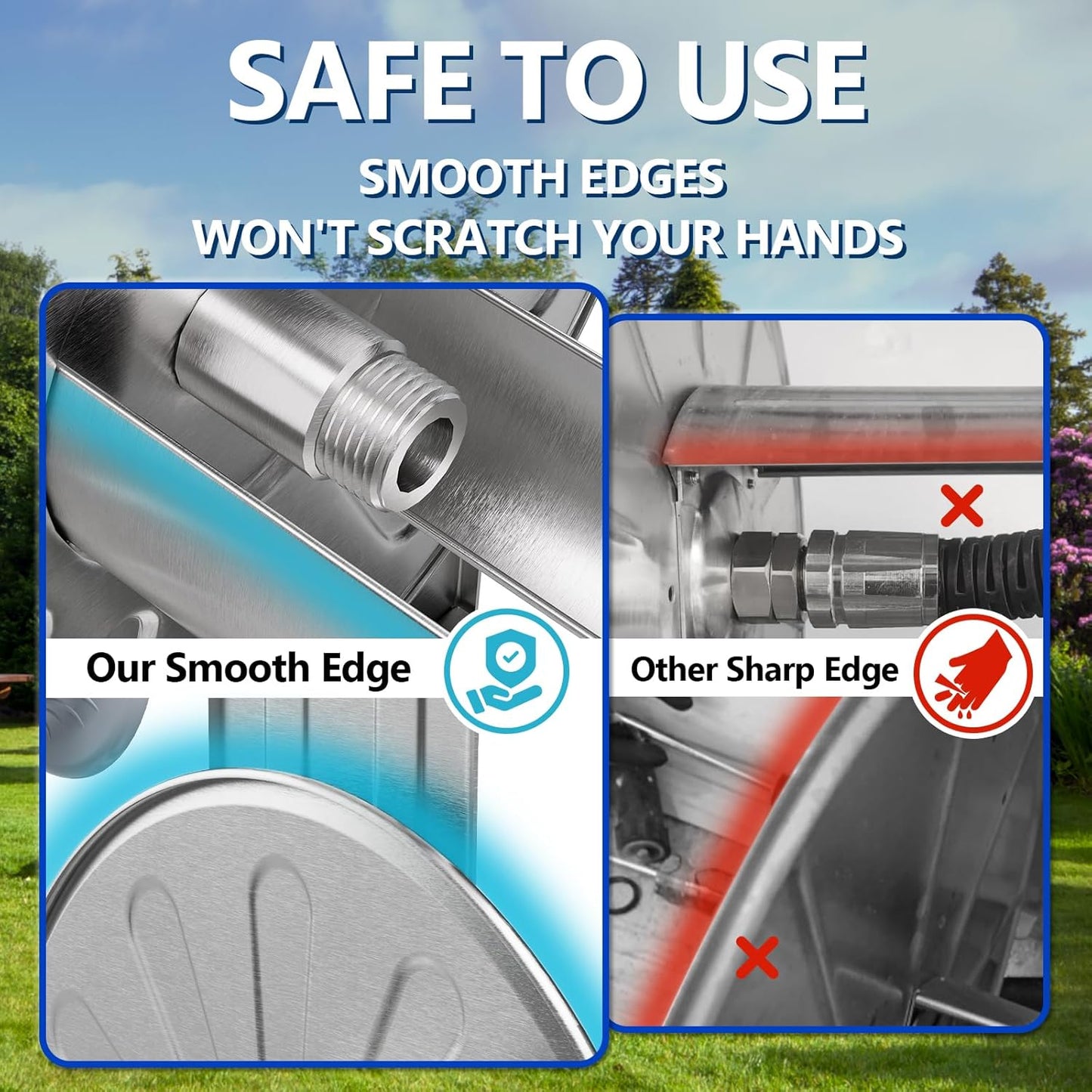 GREENER Stainless Steel Hose Reel For Outside,Wall Mount Garden Hose Holder Heavy Duty Metal Water Hose Reel, 3/4" Solid Connector with 5/8" Inlet Hose and Crank,80-Feet 1/2" Capacity