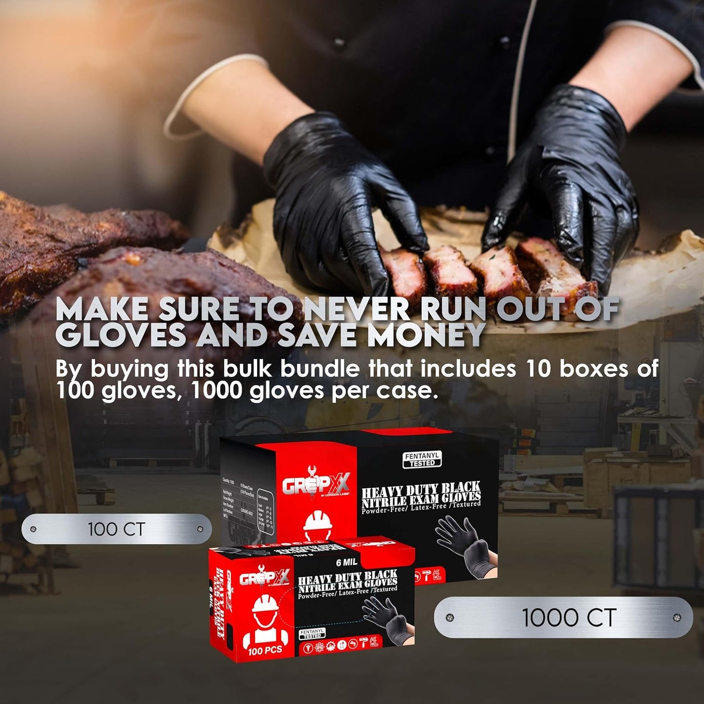 Heavy Duty 6 Mil Black Nitrile Gloves - Disposable, Latex & Powder Free | Mechanic, Food Prep & Tattoo | Rubber Gloves for Cooking, Cleaning & Household |Bulk Case of (1000)