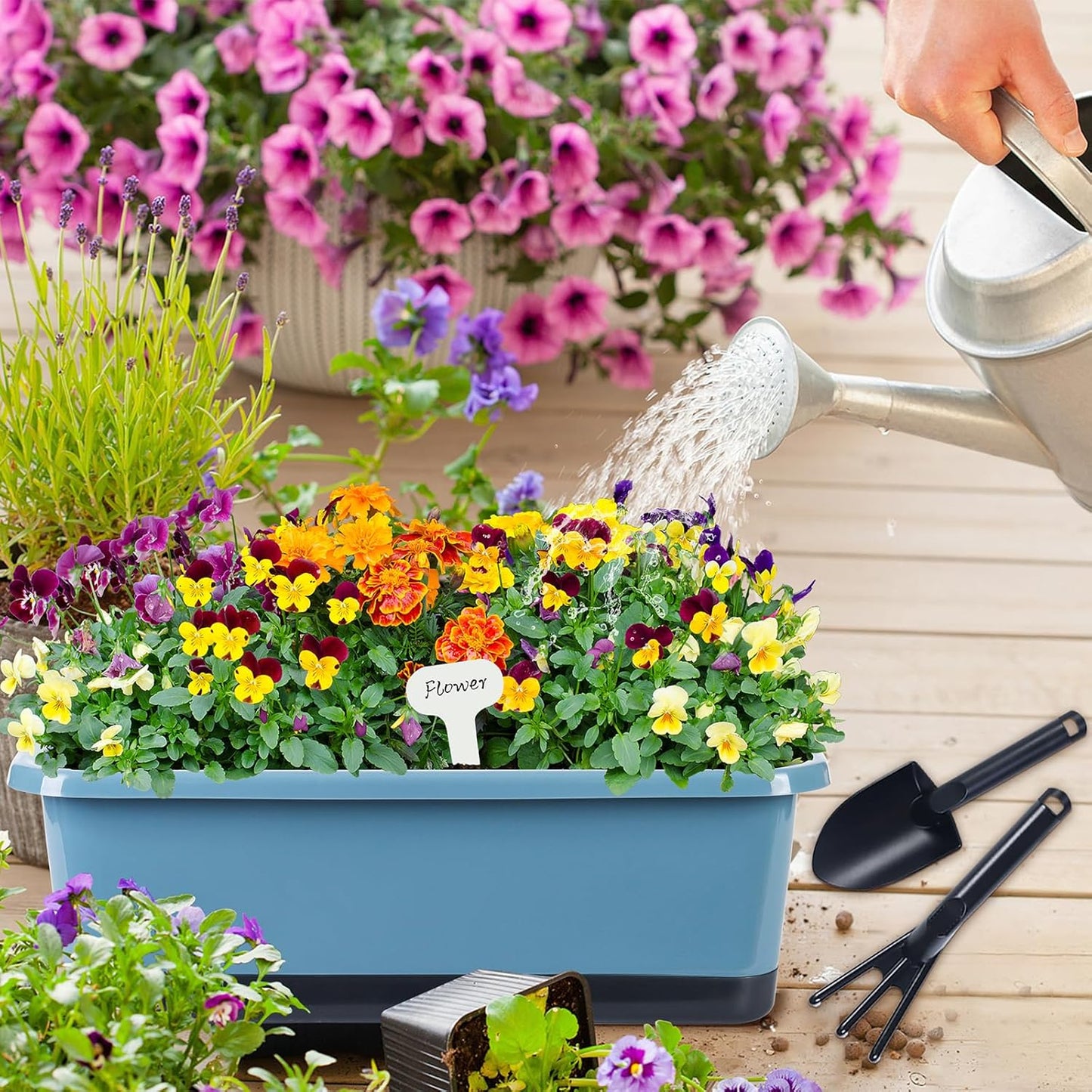 Window Box Planter 6 Pcs, 17 Inches Rectangle Flower Pots with Drainage Holes and Trays, Vegetable Planters for Windowsill Patio Garden Balcony Home Indoor Outdoor (Blue, 18 * 10 * 6 inch)