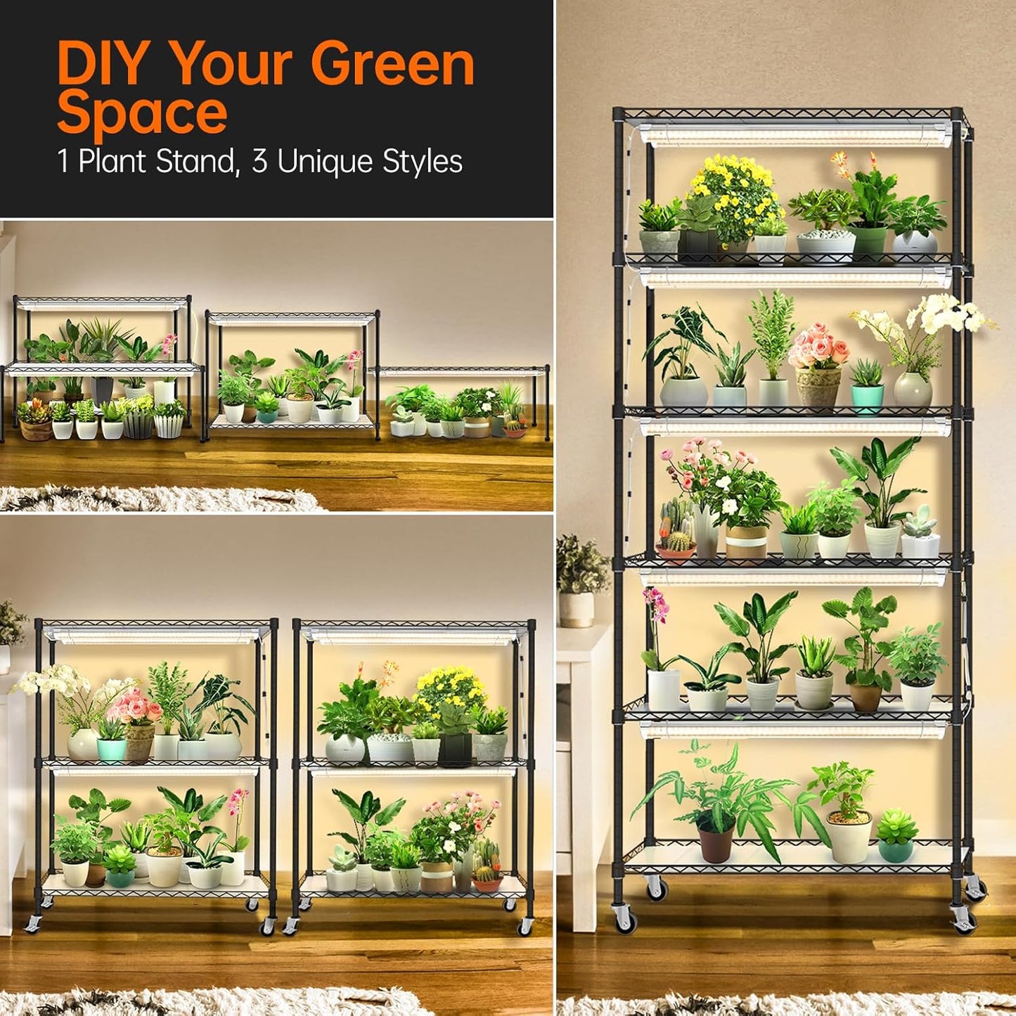 DIY Plant Shelf with Grow Lights, Grow Light Shelf with Adjustable Rack and Wheels, Plant Stand, 8-Pack 192W T8 3000K Full Spectrum Grow Lights for Seed Starting,Seed Tray(29.5L x 13.8W x70.9H)