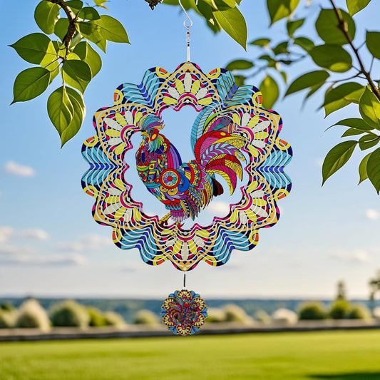 Wind Spinners Outdoor Hanging Rooster - Metal Chicken Gifts for Mom Women Grandma Men, 11.5 Inch 3D Stainless Steel Laser Cut Art Kinetic Wind Spinner for Indoor/Garden Porch Yard Decor