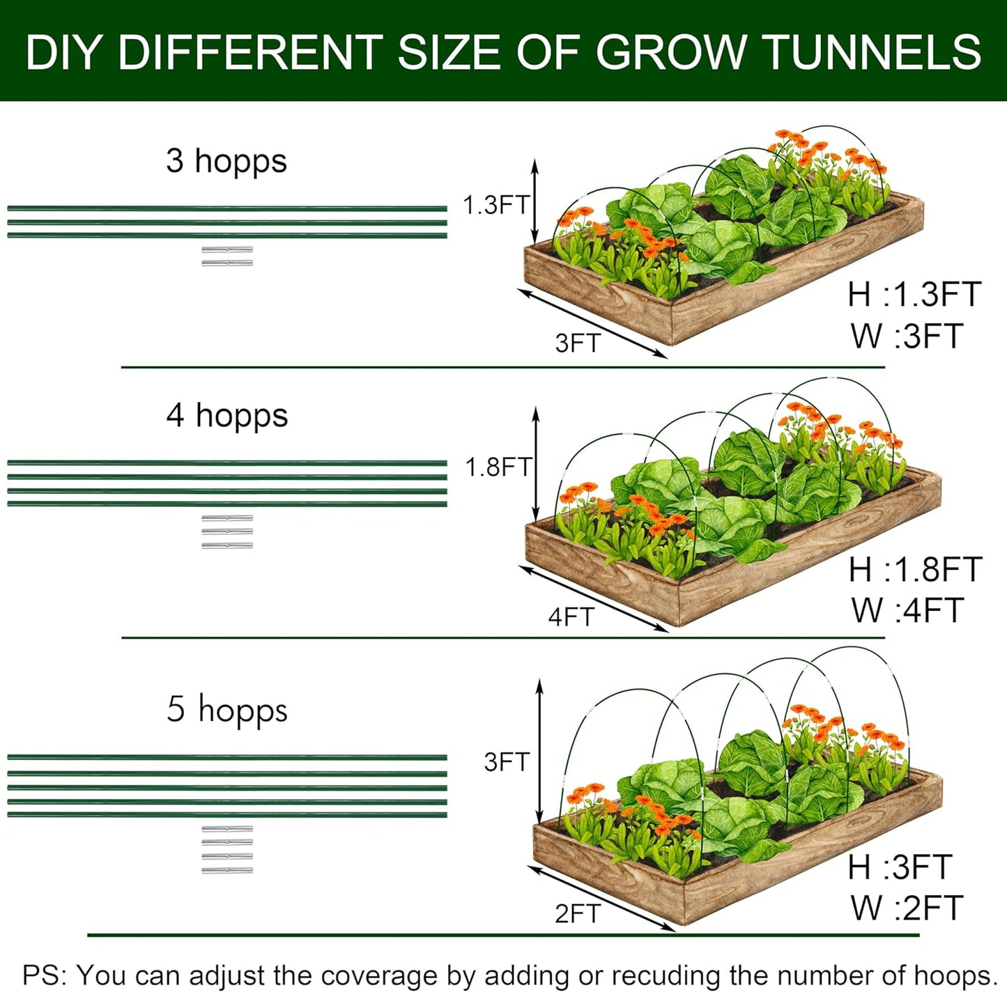 PHYEX Garden Hoops Greenhouse Hoops for Row Covers & Raised Beds, Rust-Free Fiberglass Frame, DIY Adjustable Garden Tunnel with Clips for Plant Covers, Netting, & Frost Protection, 30pcs