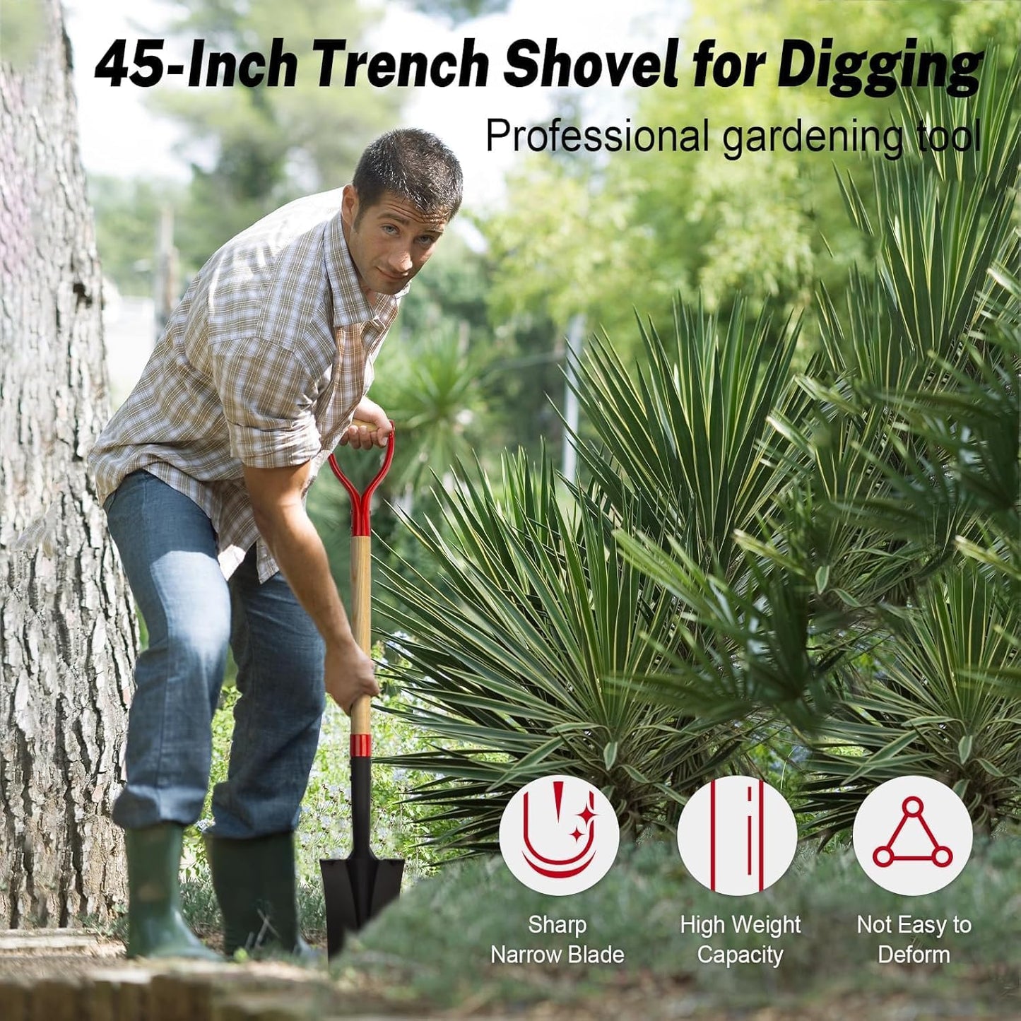 Drain Spade Shovel, Garden Drain Spade, Trenching Shovel, Woode D-Handle, Steel Y-Grip, 45 Inch Spade for Digging Transplanting & Edging (Red)