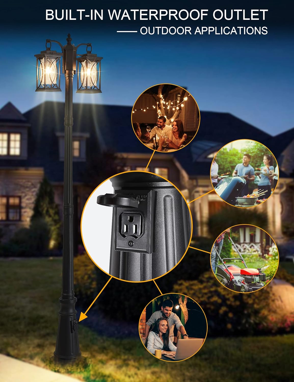 Dusk to Dawn Outdoor Lamp Post Light Modern 2-Head Street Pole Light Fixtures with Outlet, Waterproof Black Outside Street Light Electric Lantern for Backyard, Garden Patio Driveway