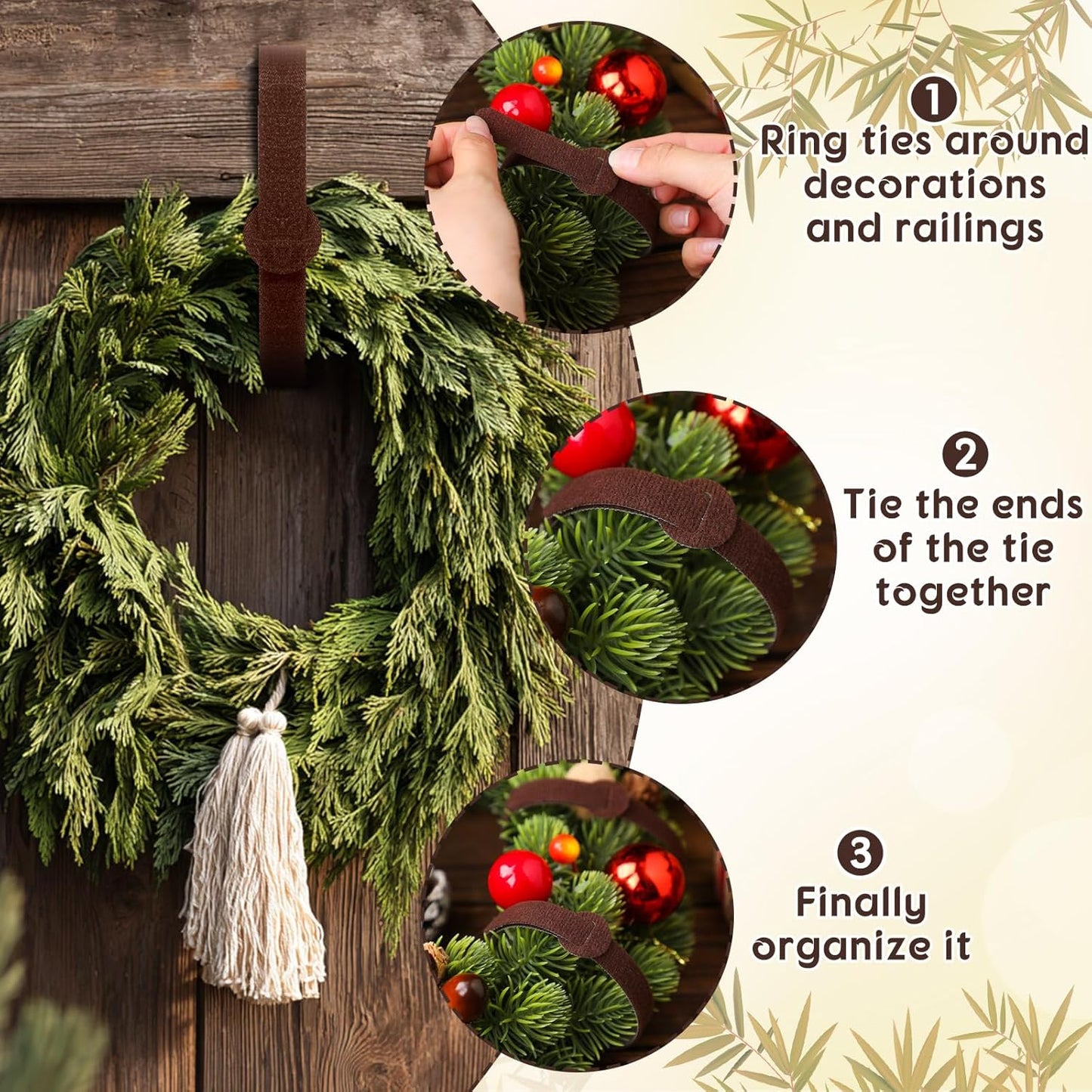 80 Pcs 12 Inch Christmas Garland Ties Brown Adjustable Holiday Banister Ties Reusable Fastener Strap Nylon Garden Plant Cable Strap Christmas Tree Wreath Hook Loop Organizer for Home Office