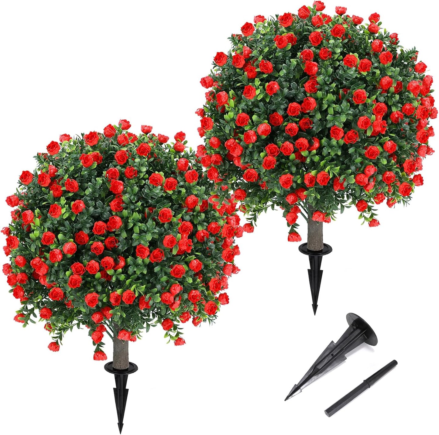 Artificial Red Rose Topiary Ball Tree 25" with Ground Spike, Set of 2 Artificial Boxwood Bushes for Faux Shrubs, Fake Evergreen Faux Plant for Indoor Outdoor Porch Garden -UV Resistant–Fade-Proof
