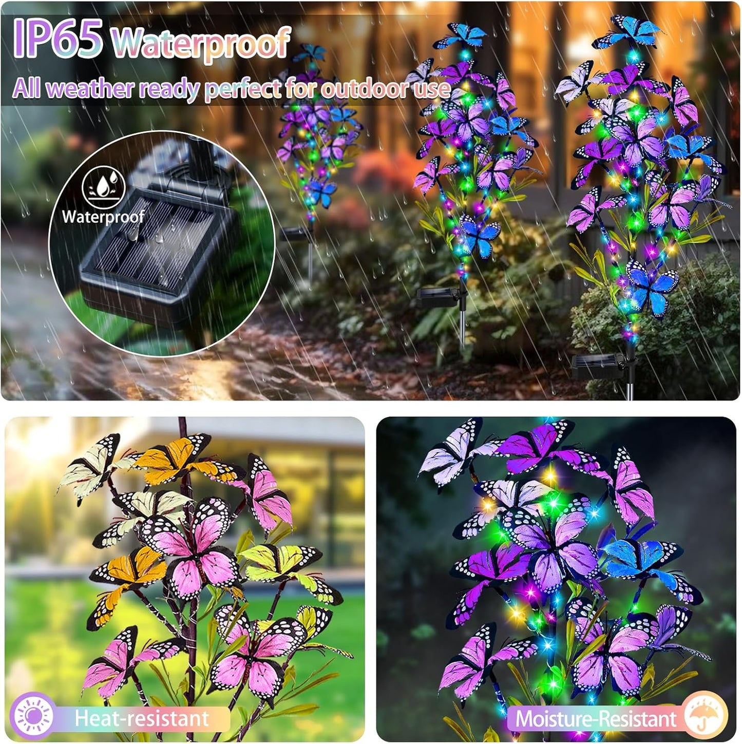 Solar Garden Lights Outdoor, Waterproof 2 Pack Solar Butterfly Lights with 60 LED 12 Butterfly Colorful Lighting for Garden Yard Lawn Outdoor Decor, Gift for Mom Women Mother's Day