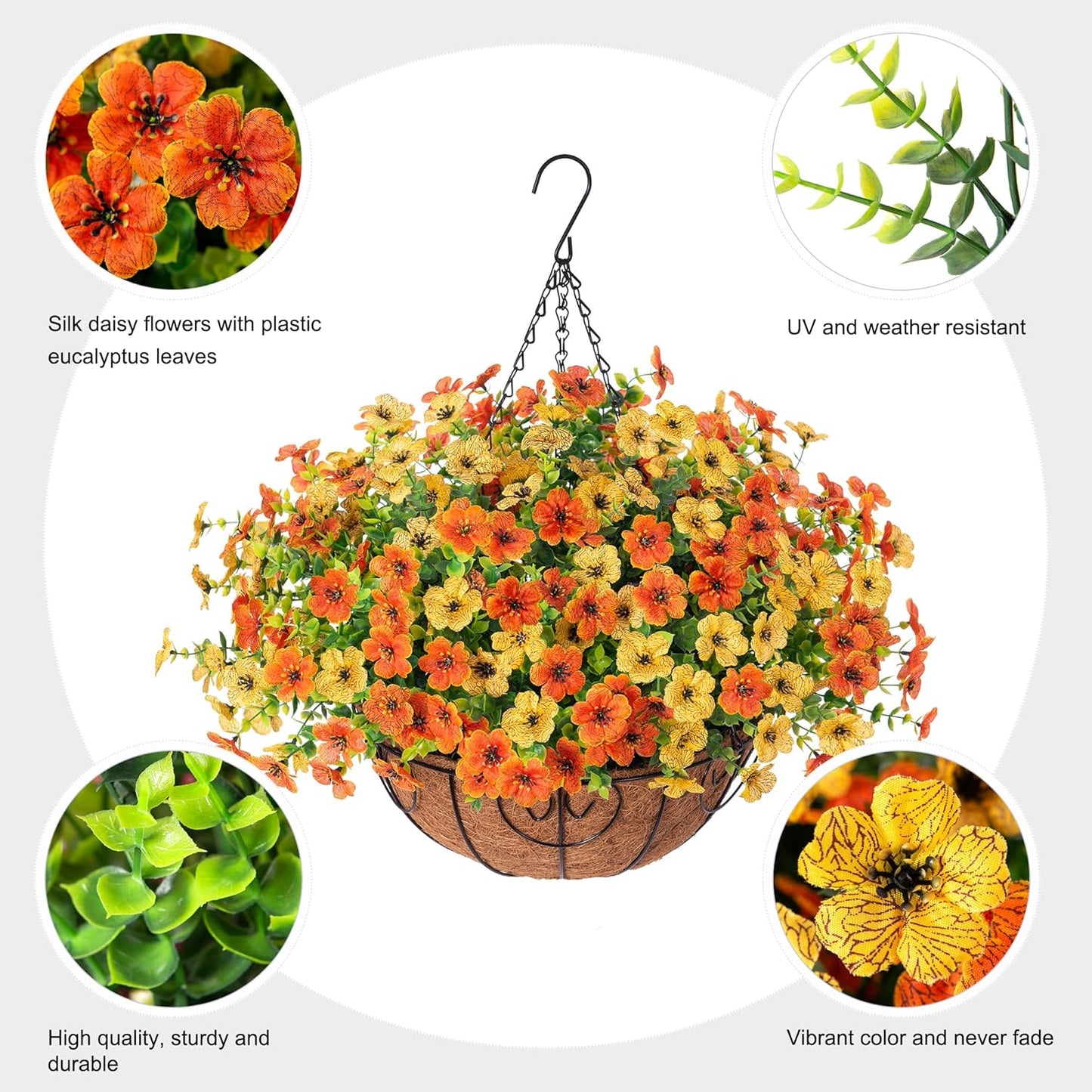 Artificial Fake Hanging Mums Plants Flowers Basket for Fall Autumn Outdoor Decor, Faux Silk Orange Dasiy Flower Look Real UV Resistant for Outside Porch Home Patio Garden Decoration