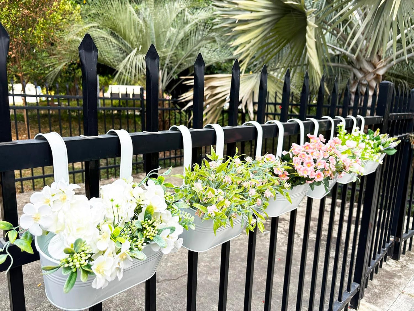 10" Hanging Flower Pots, Pack of 4 White Metal Outdoor Patio Balcony Planter, Railing Planters Fence Pot with Detachable Hook & Drainage Hole for Small Plants (White, 4Pcs)