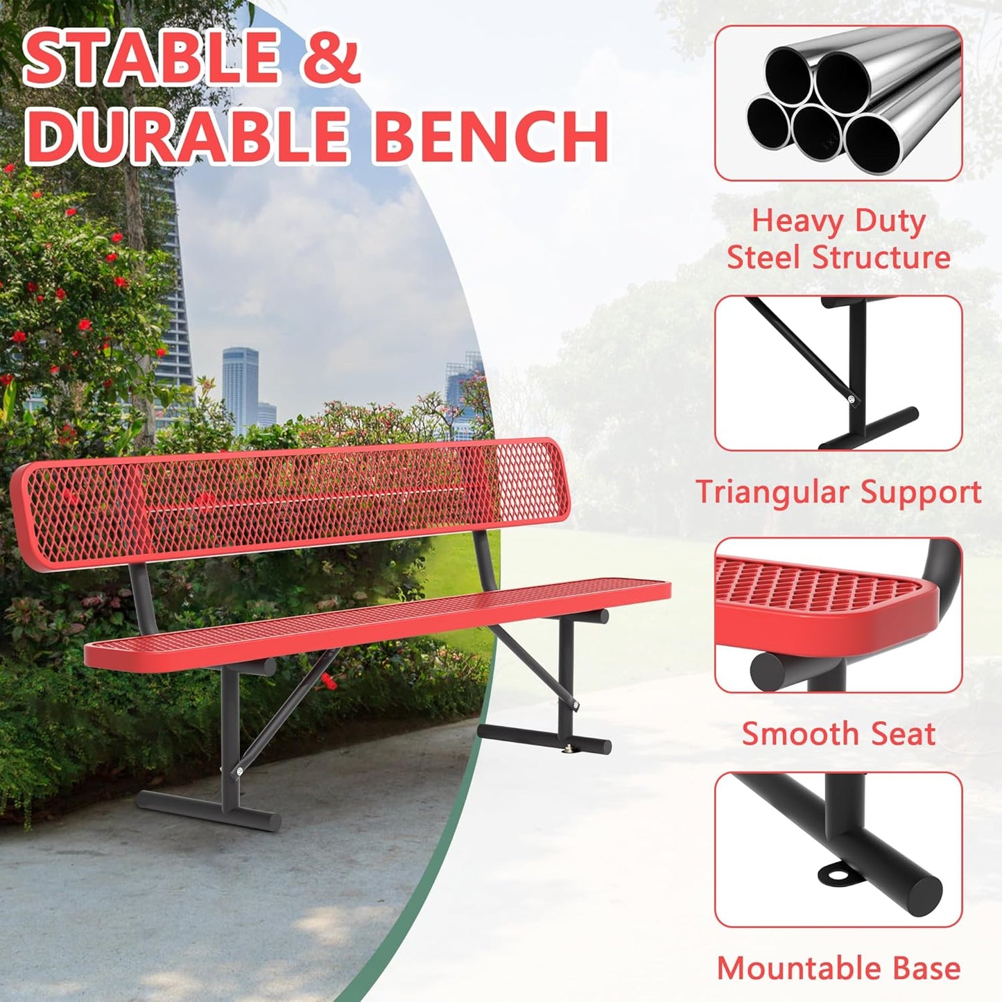 8FT Park Bench for Outside, Heavy-Duty Garden Bench W/ Back, Red Outdoor Metal Bench for Sitting Area, Commercial Bench for School Patio Porch Backyard Sports Church Locker Room Shopping Centers