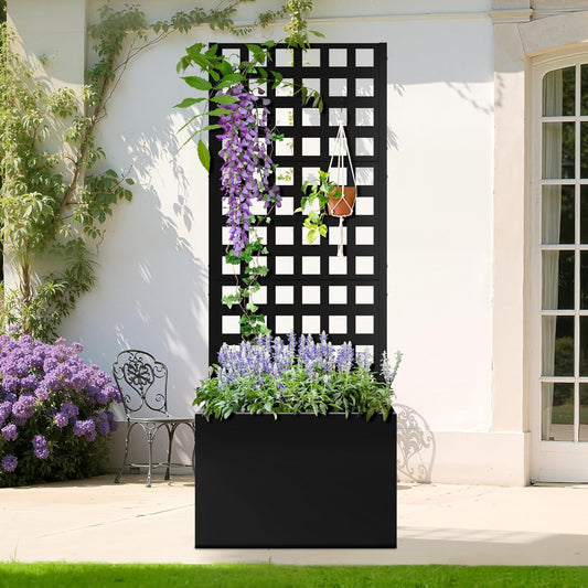 Metal Planter Box with Trellis, Heavy-Duty Raised Garden Bed for Climbing Plants, Drainage Hole, Outdoor Planter Box with Privacy Screen，24''L×12''W×63''H