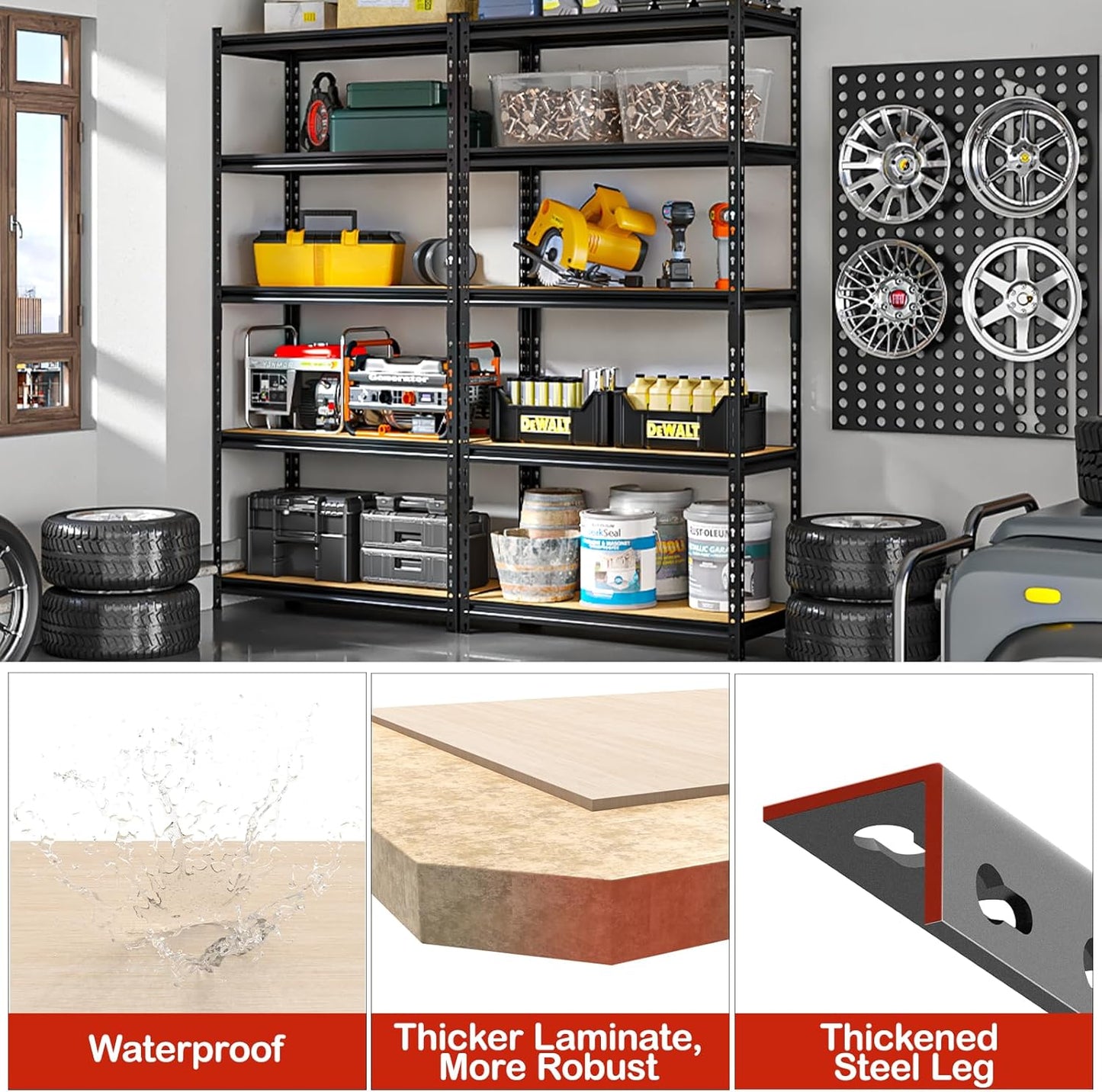 5-Tier Adjustable Metal Storage Shelves, Heavy Duty Garage Shelving 60" H x 28" W x 12" D, Shelving Unit Rack for Kitchen, Classroom, Dormitory, Basement & Warehouse (Black)