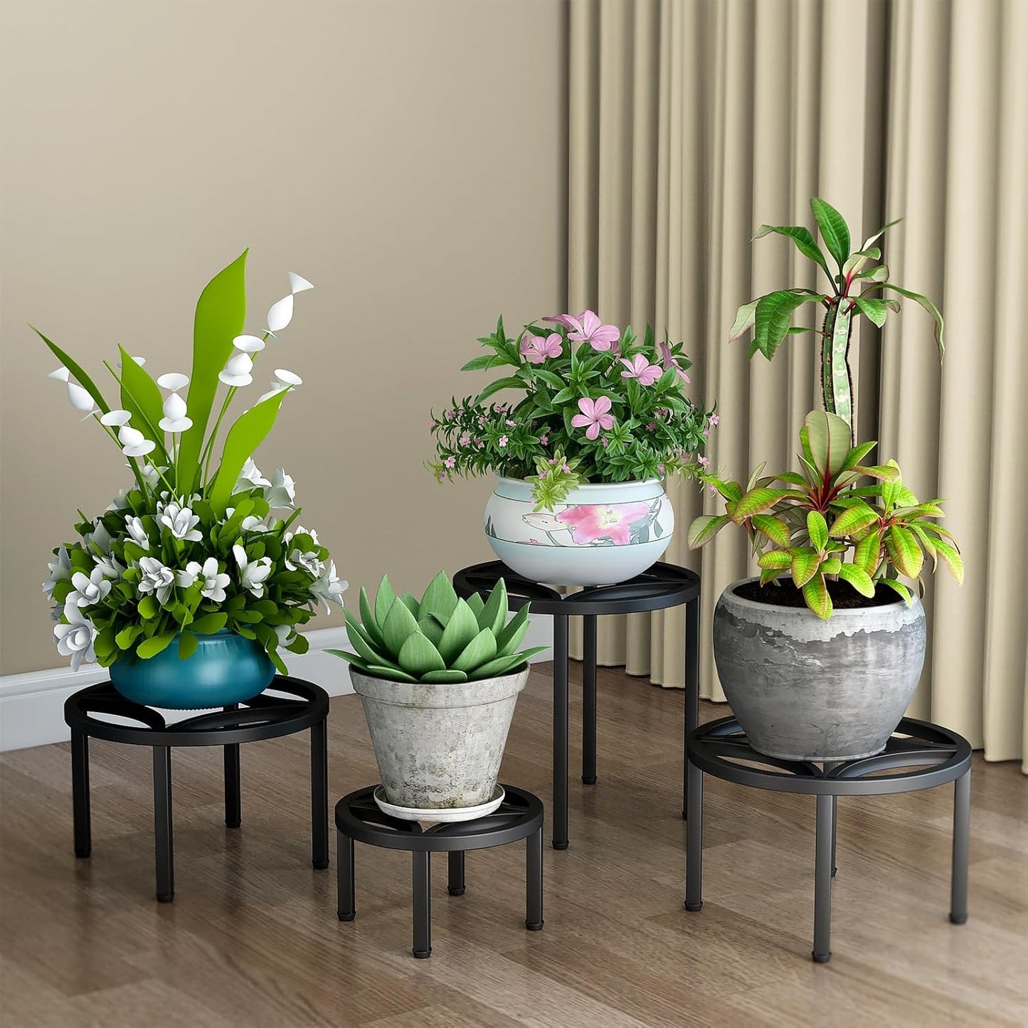 Zhongma Set of 4 Metal Plant Stand for Heavy Potted Plant for Home Indoor and Outdoor, 220 LBS Capacity & Heavy Duty Construction, Sturdy Plant Riser without Installation Required