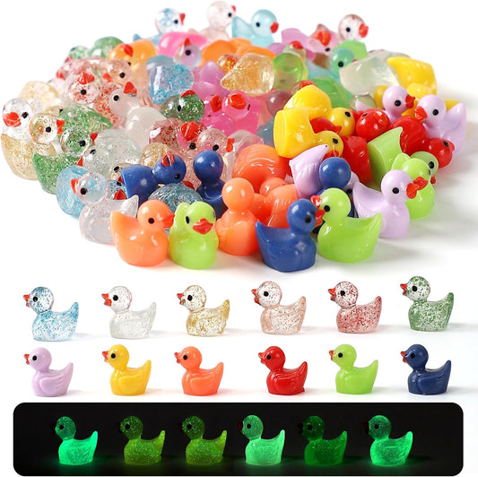 90 Pack Tiny Ducks Little Mini Resin Animals Figures Glitter Plastic Small Duck Glow in The Dark Miniature Garden Figurines Bulk for Micro Fairy Garden Hide Landscape Accessories Decor Aquarium