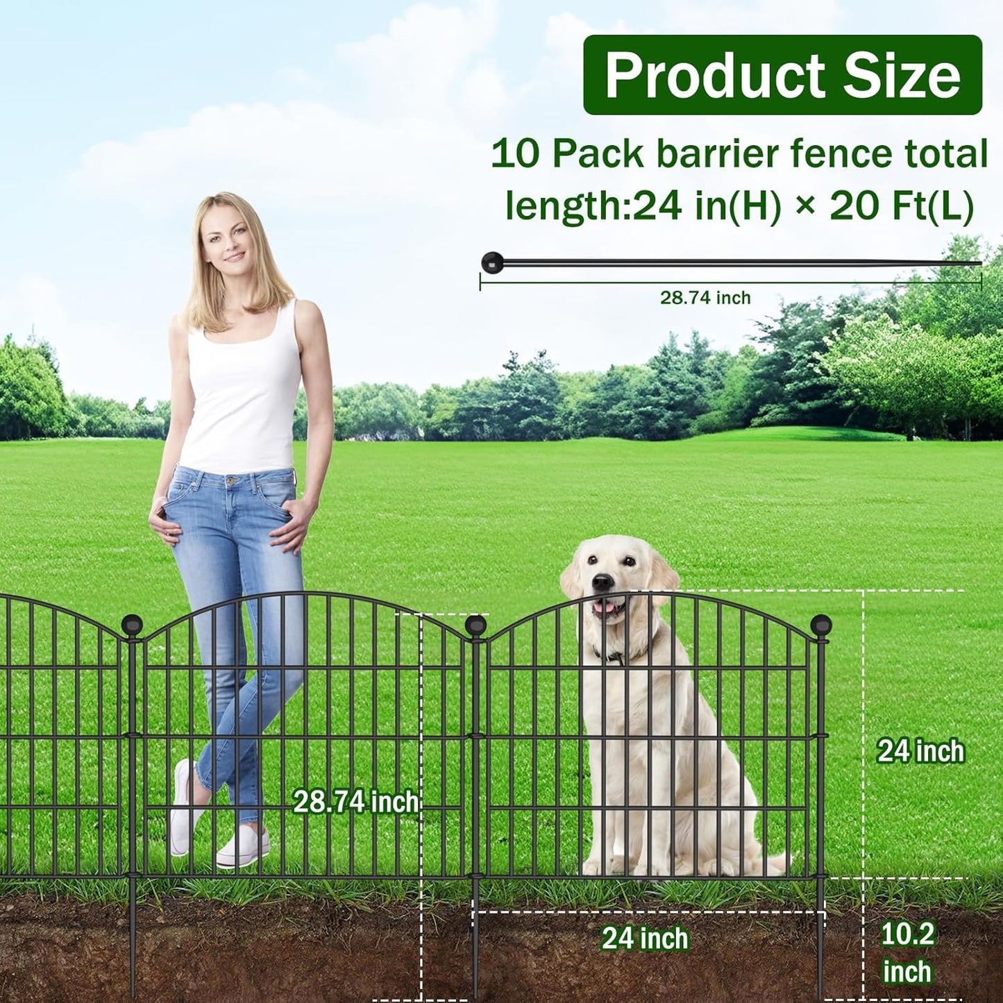 10 Panels No Dig Decorative Garden Fence with Gate - 24 in (H) x 20 ft (L) Dog Rabbits and Pets Fence Outdoor for Yard, Animal Barrier Tall Rustproof Metal Wire Fencing Border for Garden and Patio