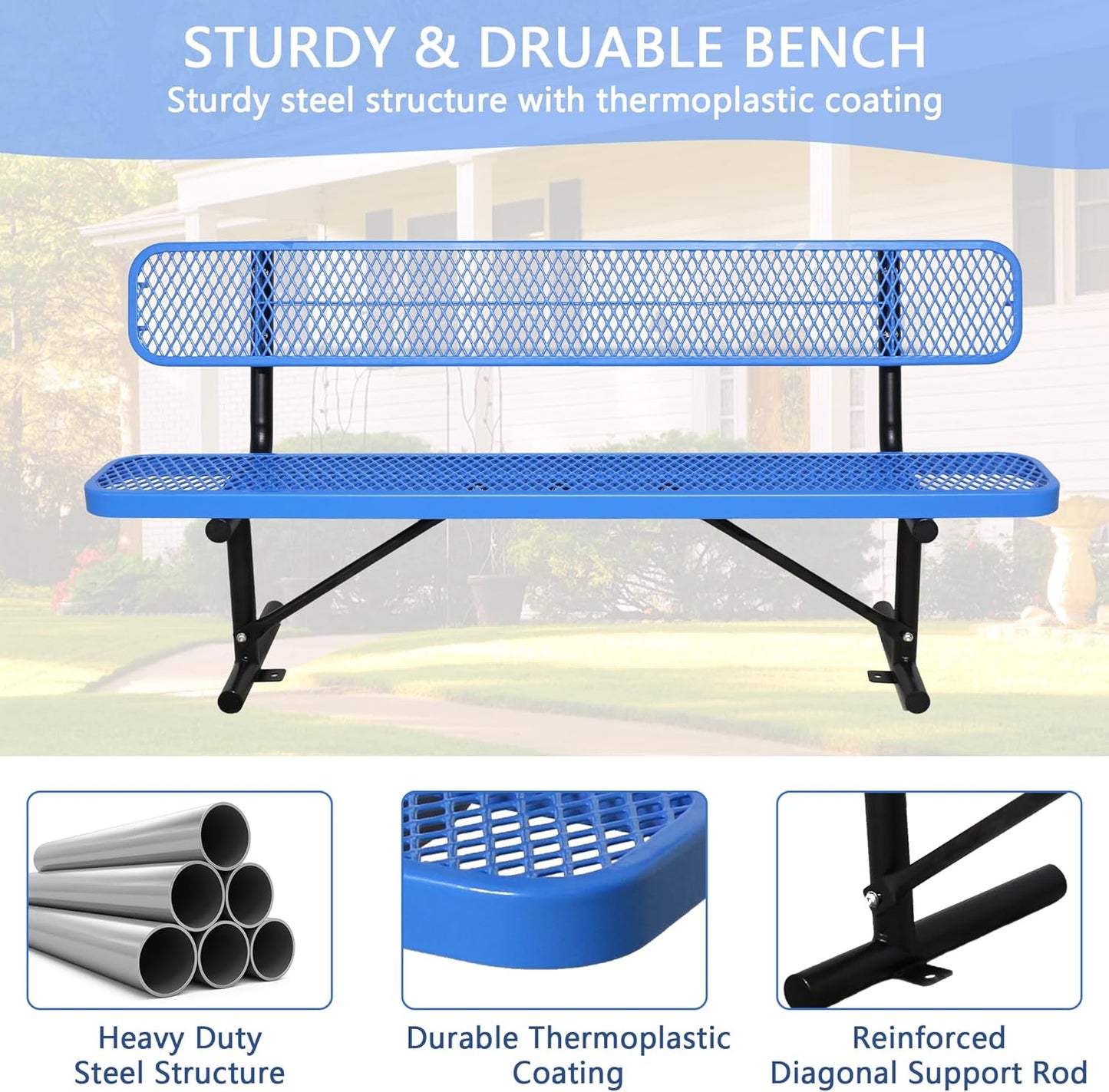 8 FT Steel Park Bench for Outside, Outdoor Bench with Backrest & Portable Frame, Commercial Benches for Shopping Mall, Store, Park, Patio, Deck, Blue