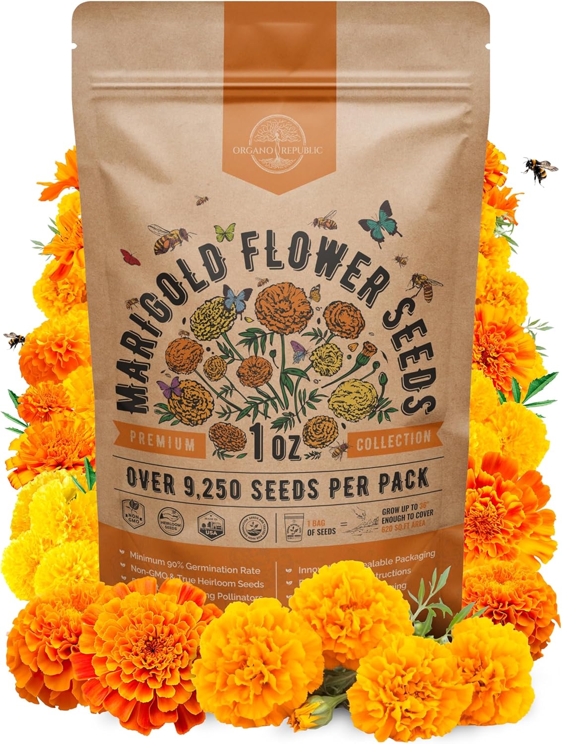 Marigold Seeds Pack 1 oz - Over 9,250 Non-GMO Heirloom Marigold Seeds for Planting Indoor & Outdoor Gardening, Flower Seed for Planting Home and Garden, Flowers Seed in Individual Packet
